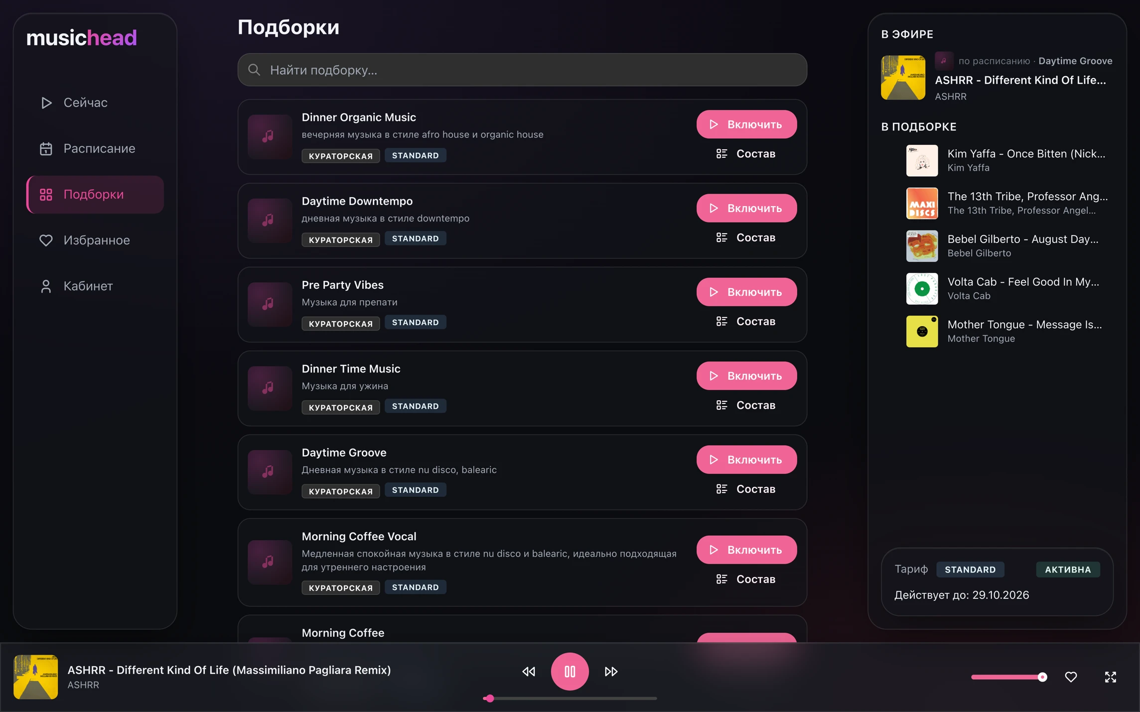 Кабинет musichead: список подборок, собранных селекторами под формат заведения
